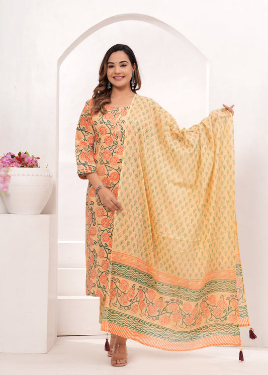 Peach - Orange Floral Hand Block Printed Cotton Suit Set