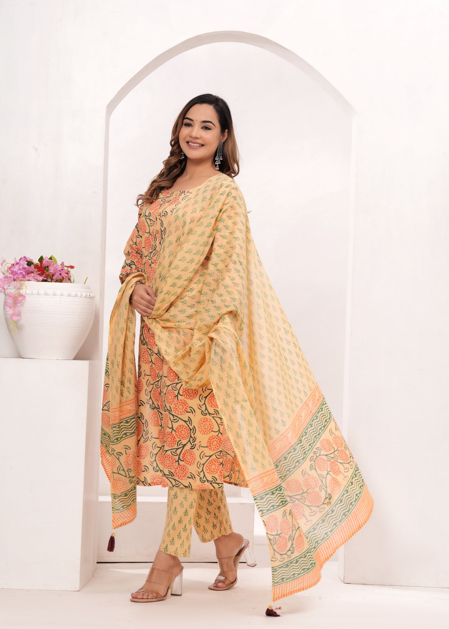 Peach - Orange Floral Hand Block Printed Cotton Suit Set