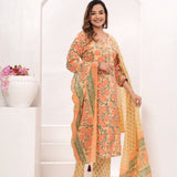 Peach - Orange Floral Hand Block Printed Cotton Suit Set