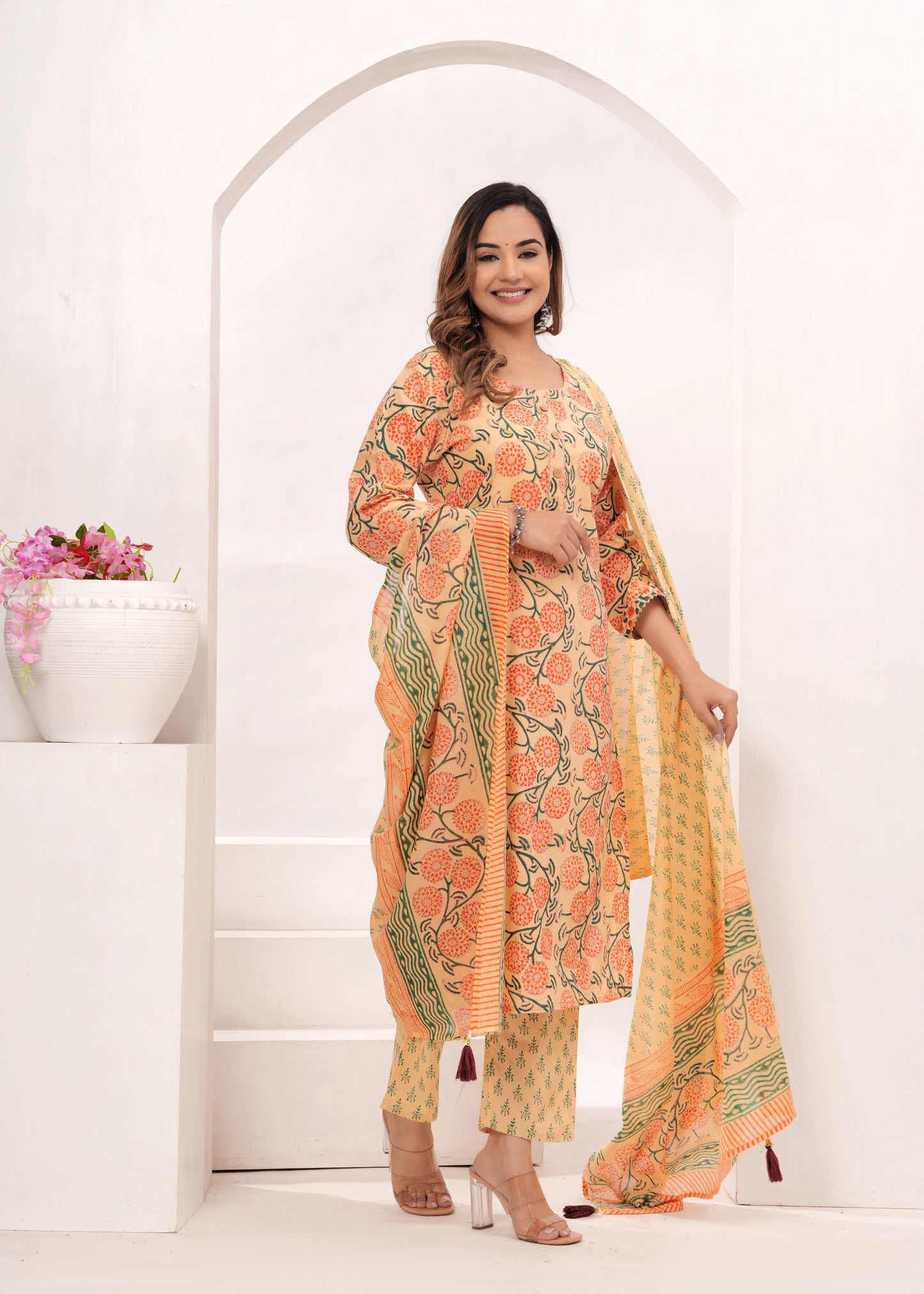 Peach - Orange Floral Hand Block Printed Cotton Suit Set