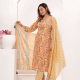 Peach - Orange Floral Hand Block Printed Cotton Suit Set