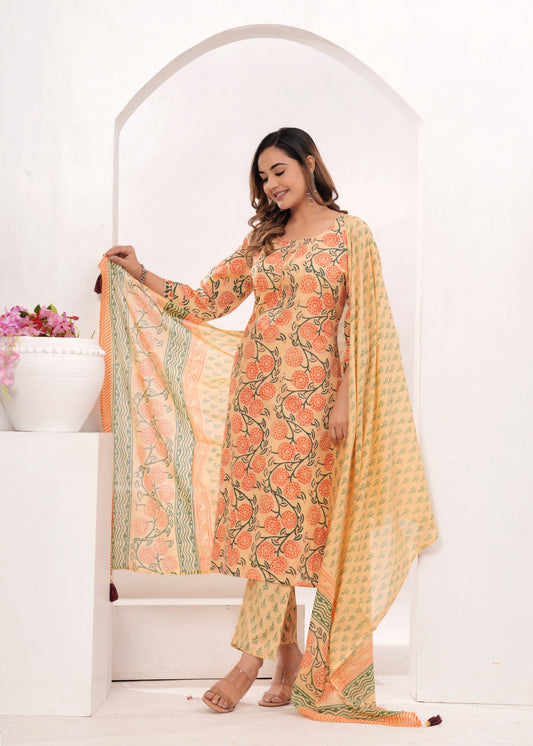 Peach - Orange Floral Hand Block Printed Cotton Suit Set