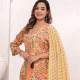 Peach - Orange Floral Hand Block Printed Cotton Suit Set