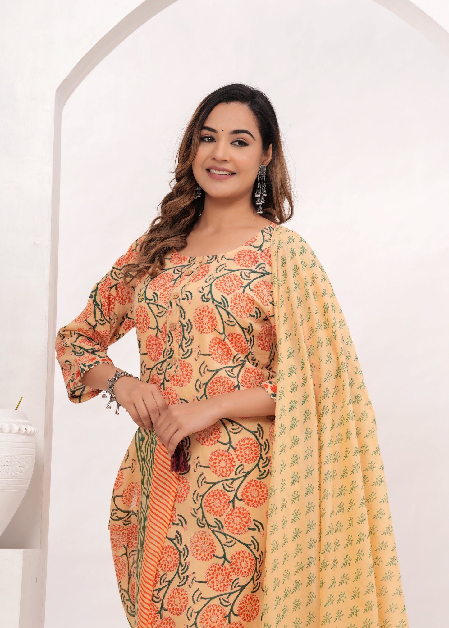 Peach - Orange Floral Hand Block Printed Cotton Suit Set