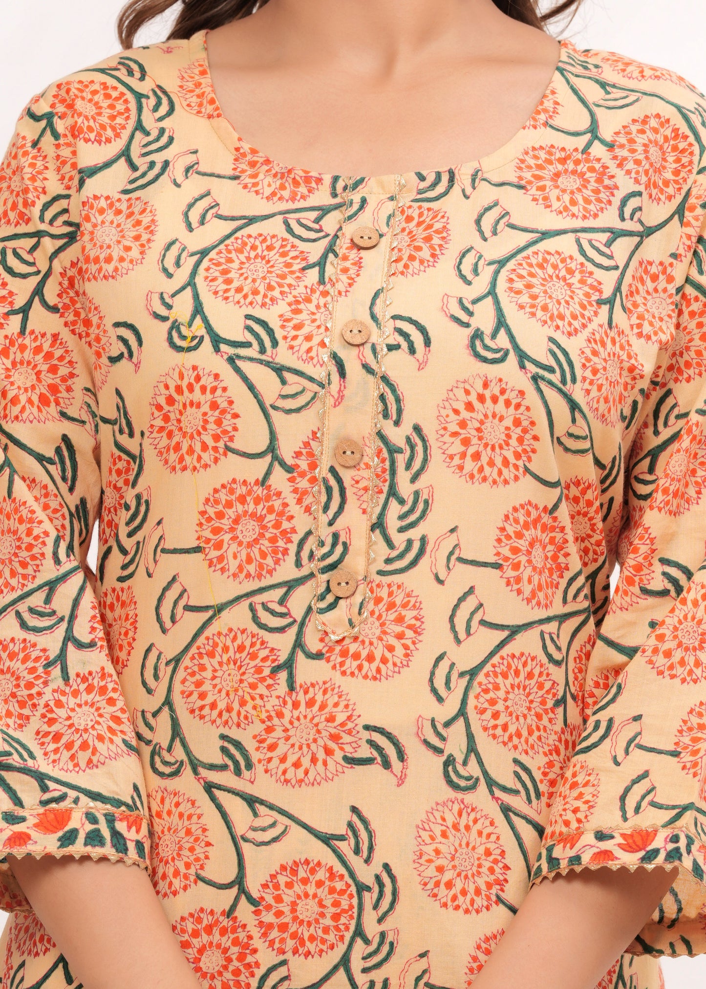 Peach - Orange Floral Hand Block Printed Cotton Suit Set