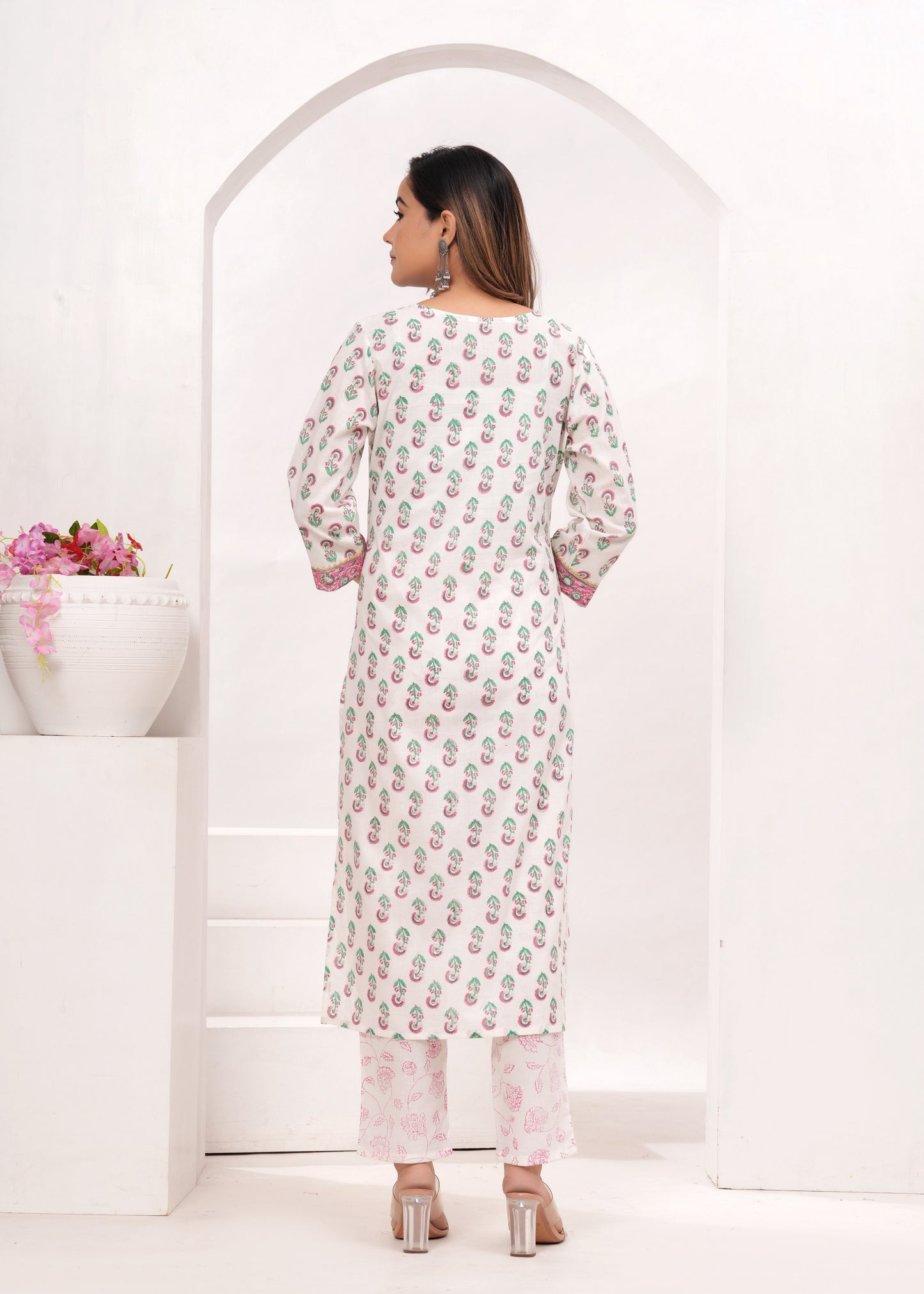 Pink Butti Hand Block Printed Cotton Suit Set