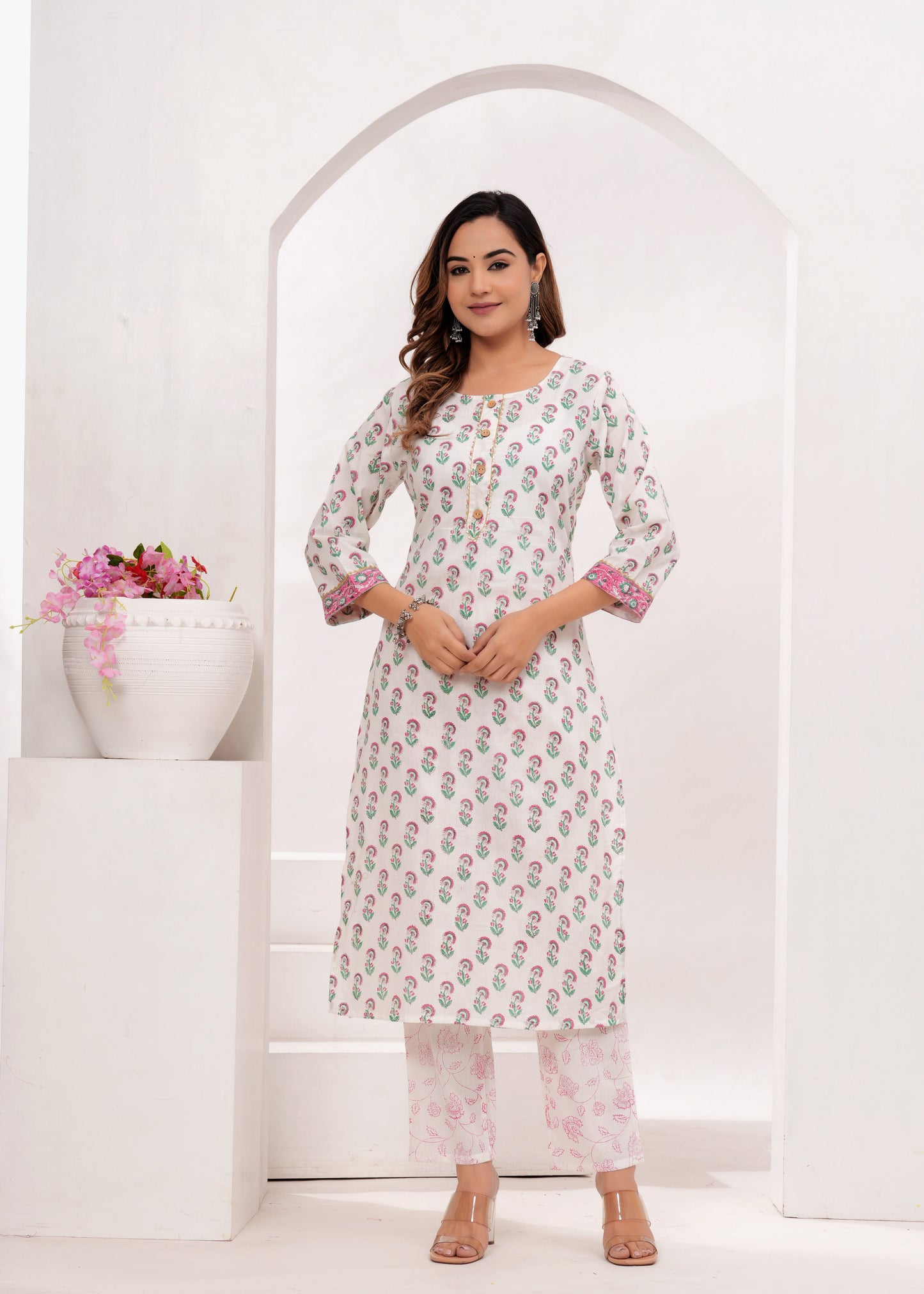 Pink Butti Hand Block Printed Cotton Suit Set