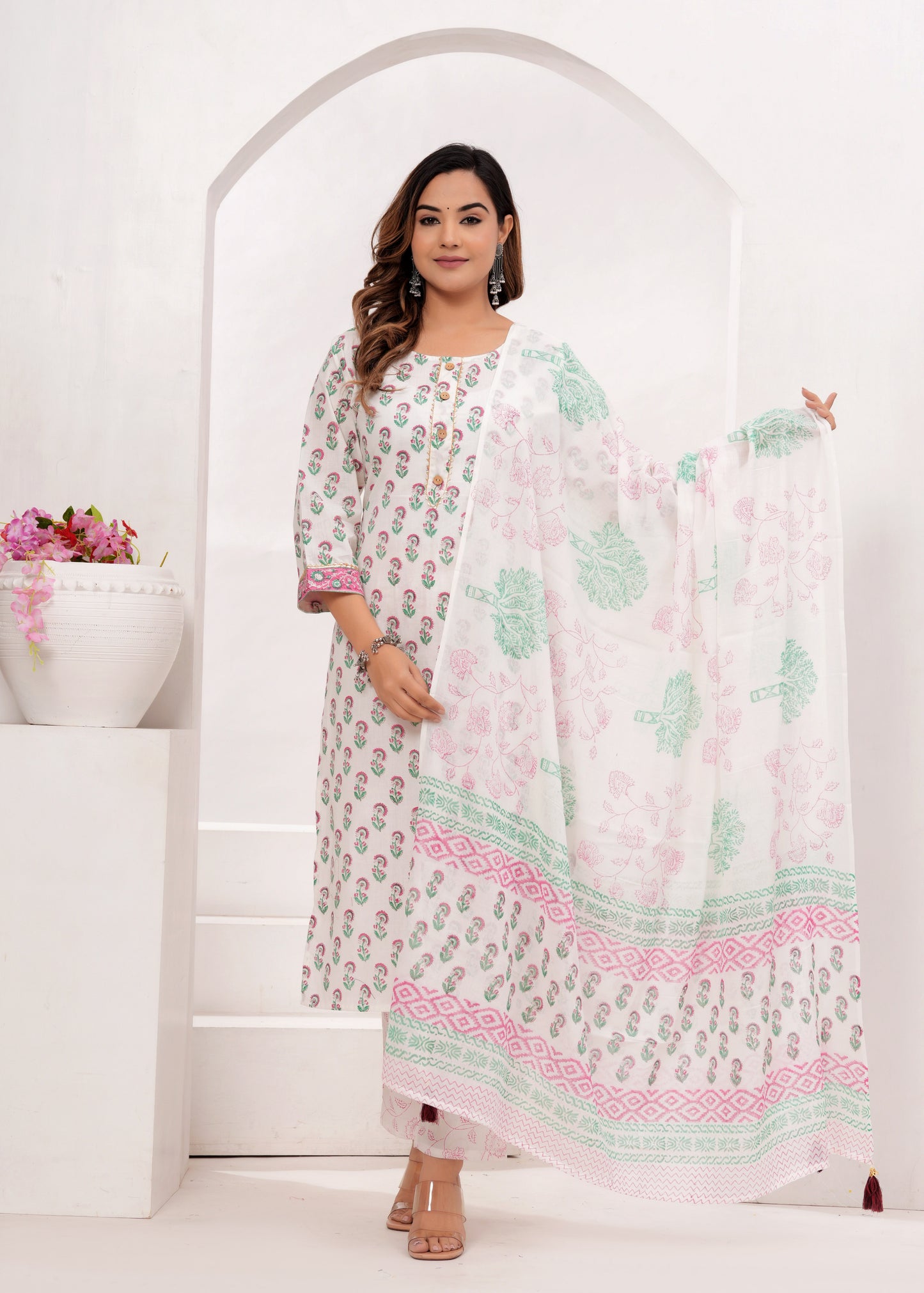 Pink Butti Hand Block Printed Cotton Suit Set