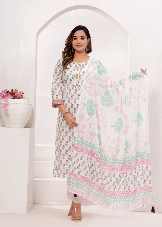 Pink Butti Hand Block Printed Cotton Suit Set