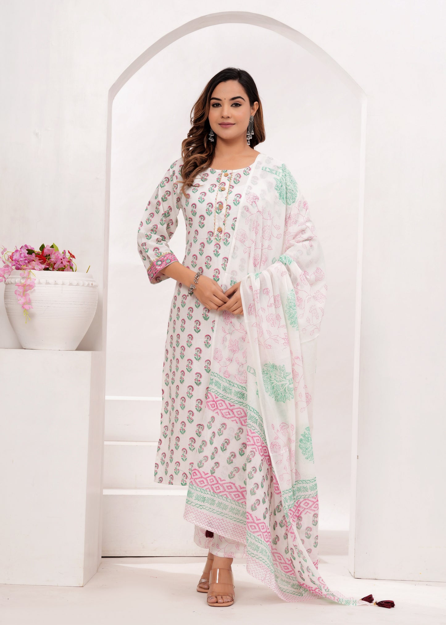 Pink Butti Hand Block Printed Cotton Suit Set