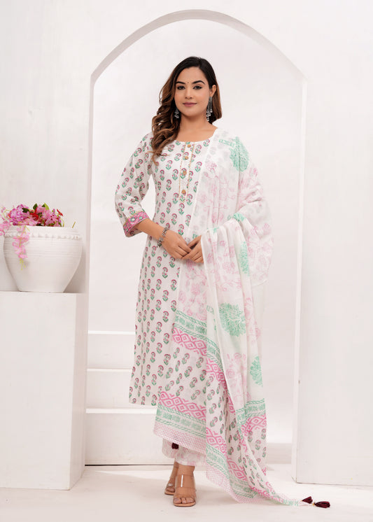 Pink Butti Hand Block Printed Cotton Suit Set