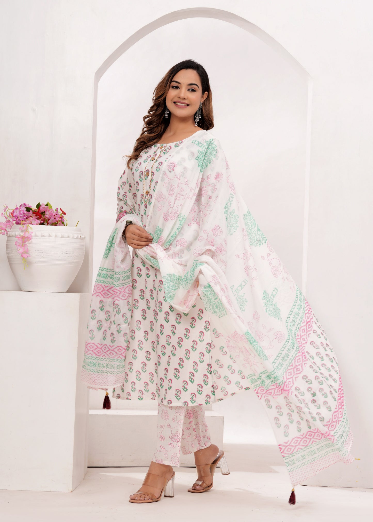 Pink Butti Hand Block Printed Cotton Suit Set