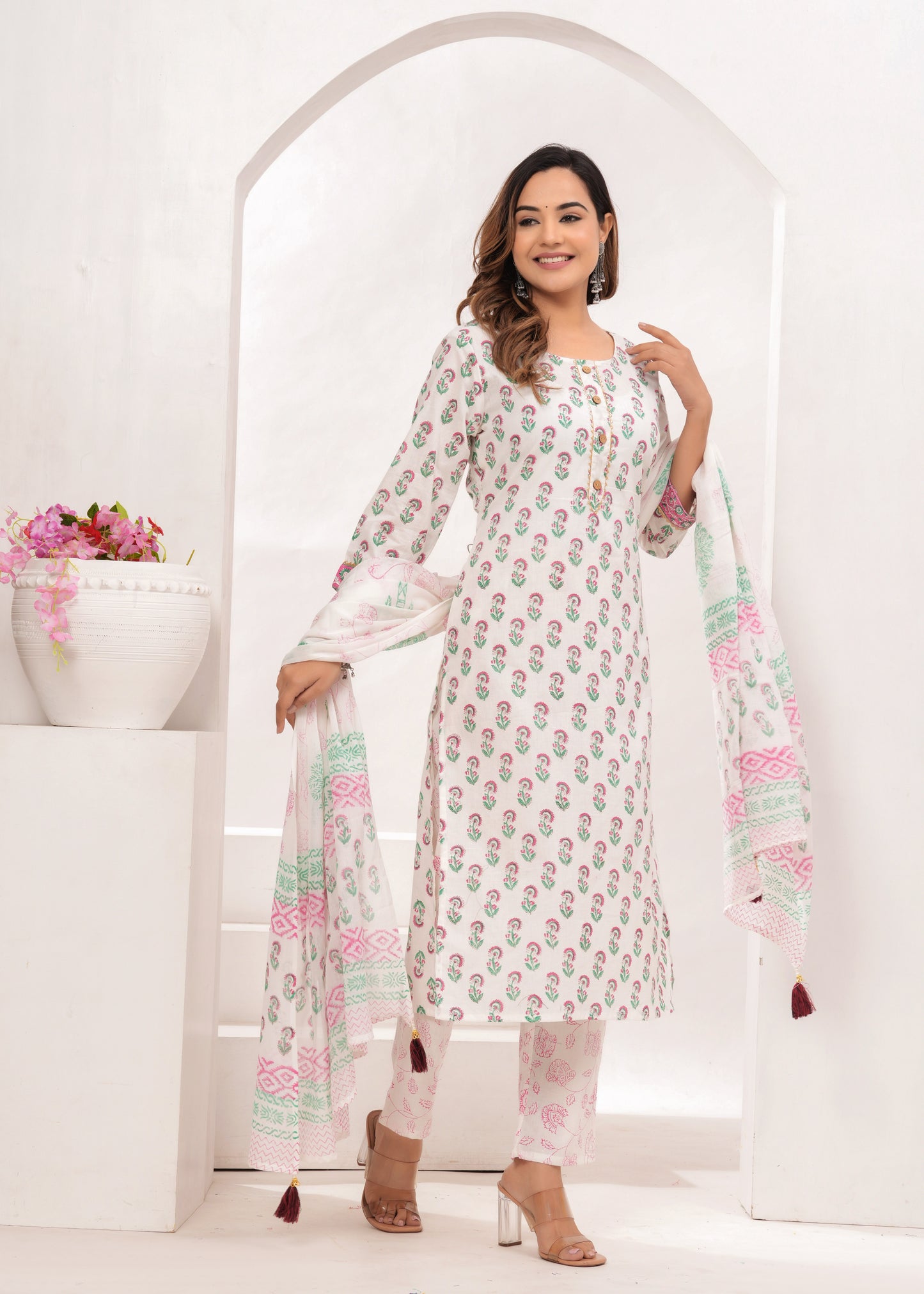 Pink Butti Hand Block Printed Cotton Suit Set