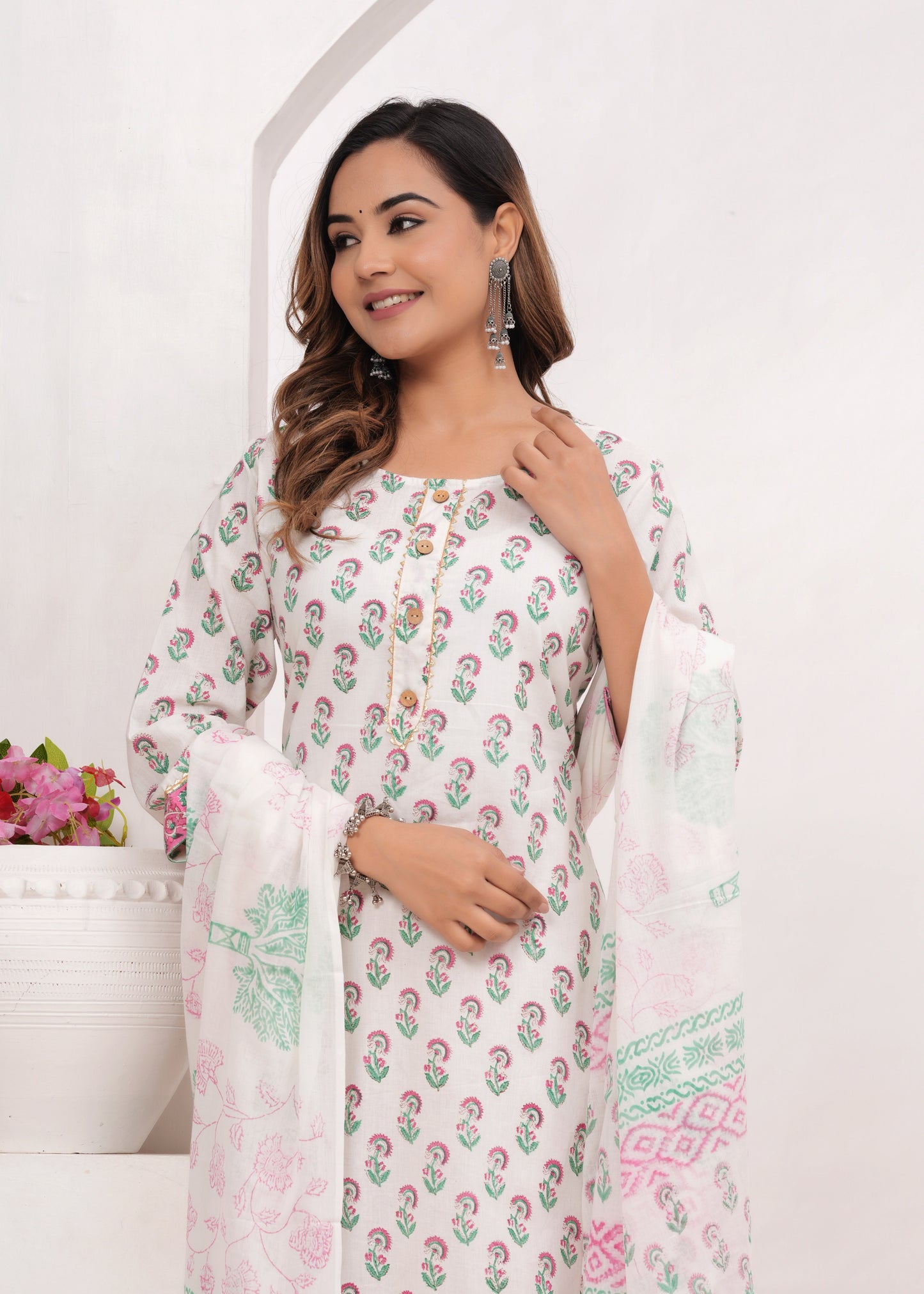 Pink Butti Hand Block Printed Cotton Suit Set