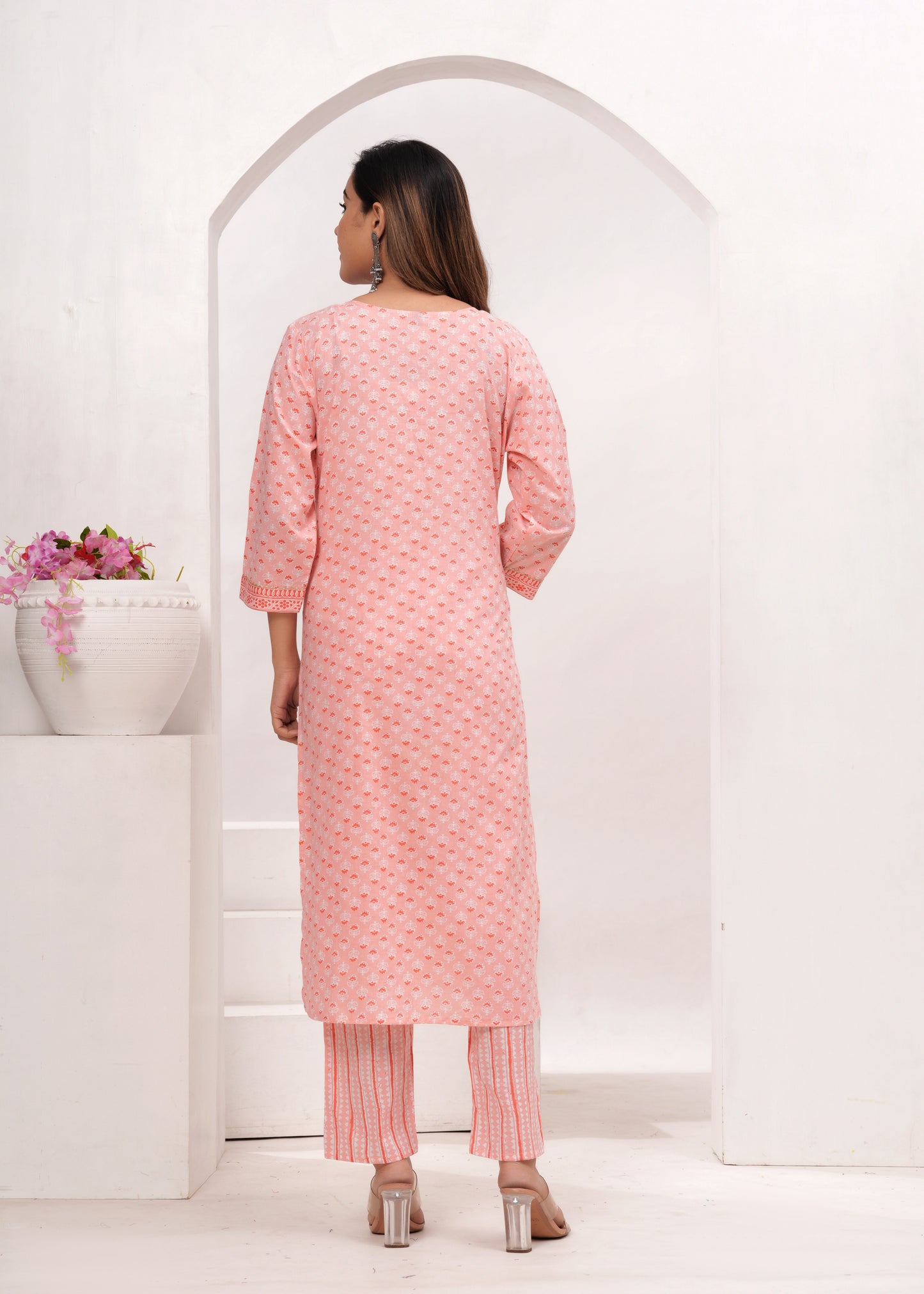 Peach Butti Jaipuri Cotton Suit Set