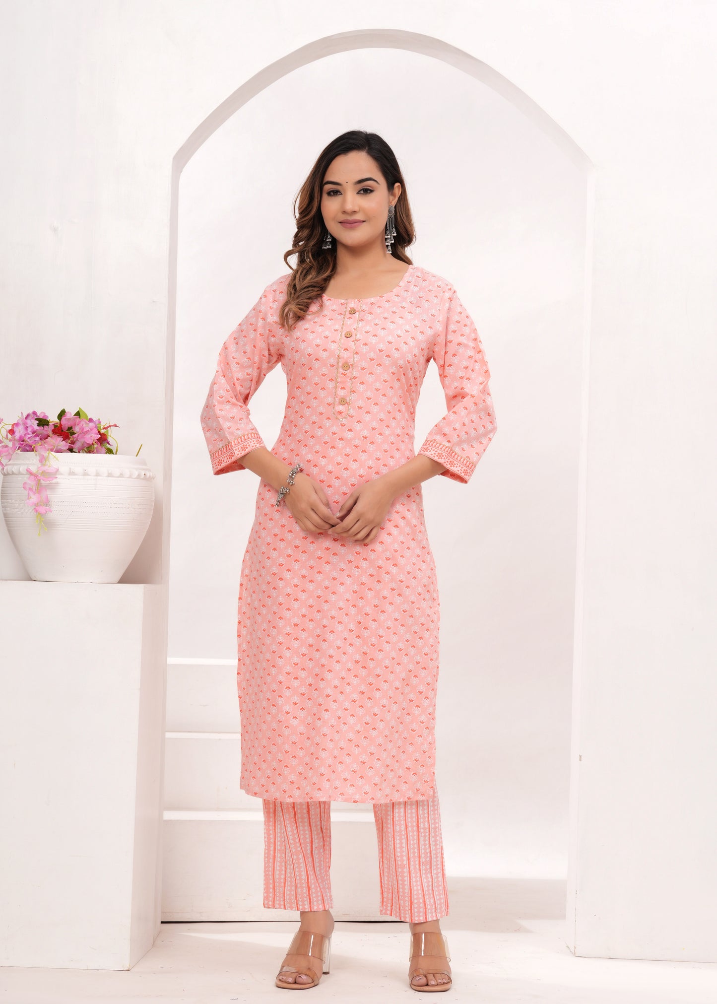 Peach Butti Jaipuri Cotton Suit Set