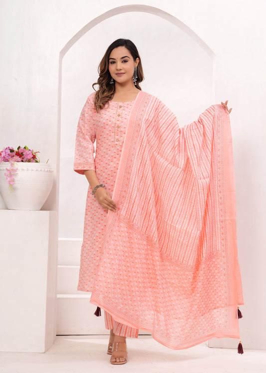 Peach Butti Jaipuri Cotton Suit Set