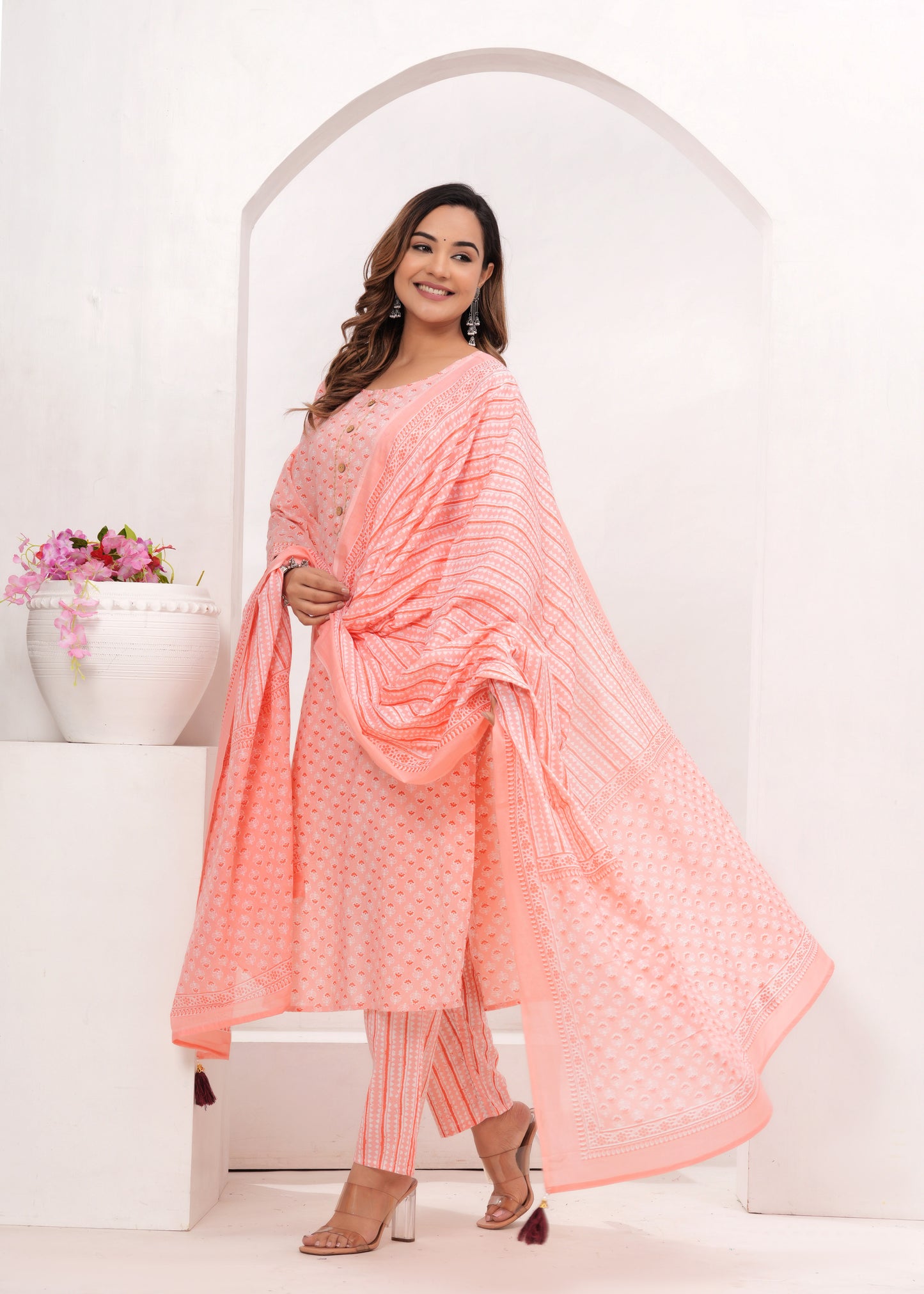 Peach Butti Jaipuri Cotton Suit Set