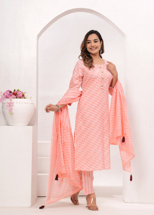 Peach Butti Jaipuri Cotton Suit Set