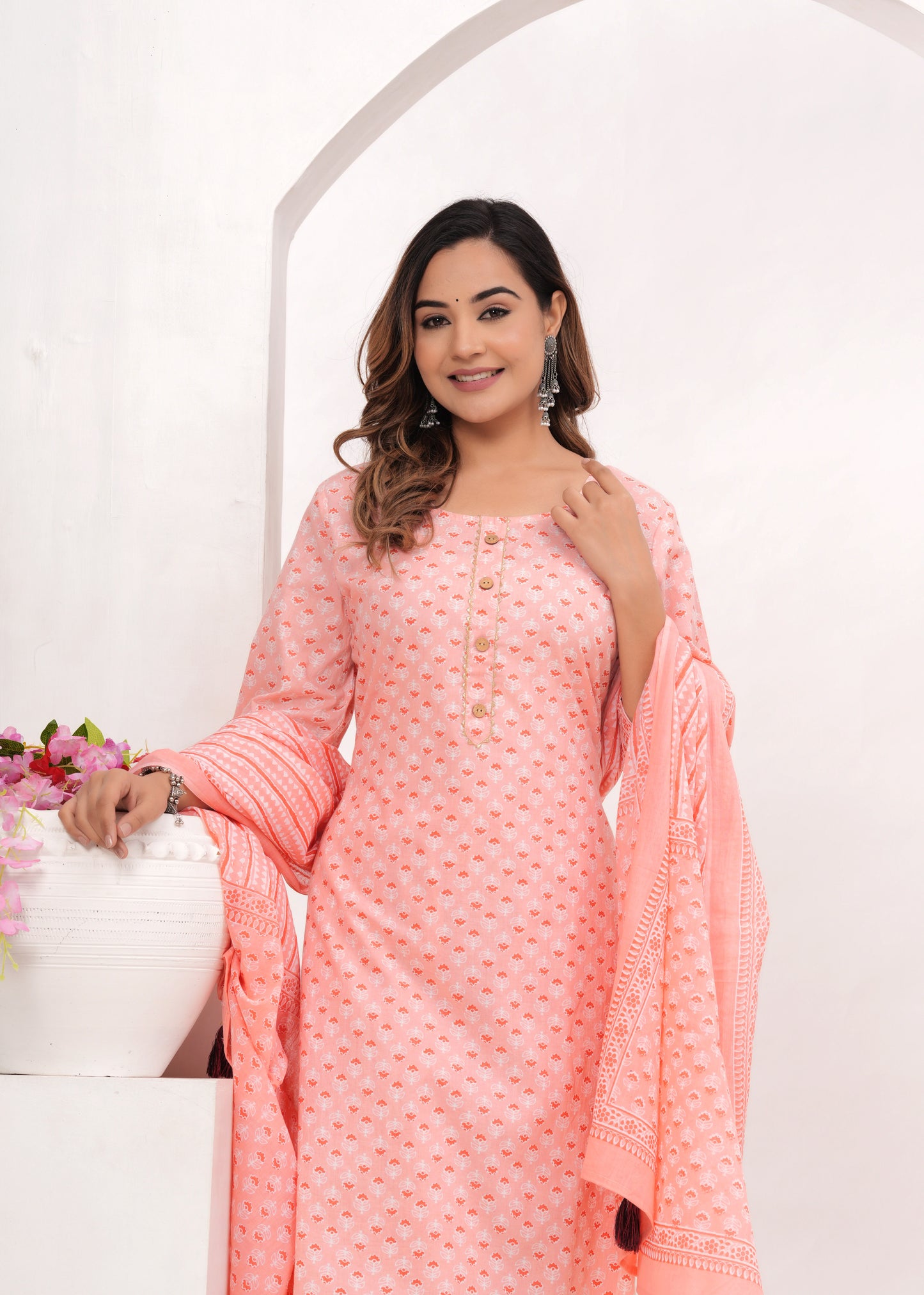 Peach Butti Jaipuri Cotton Suit Set