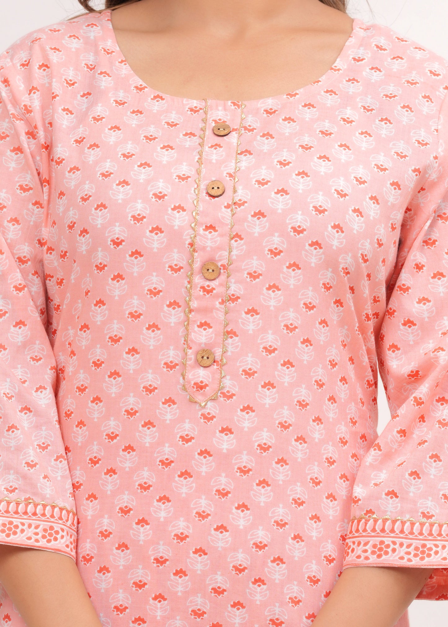 Peach Butti Jaipuri Cotton Suit Set