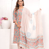 Peach - Frozi Floral Jaal Hand Block Printed Cotton Suit Set