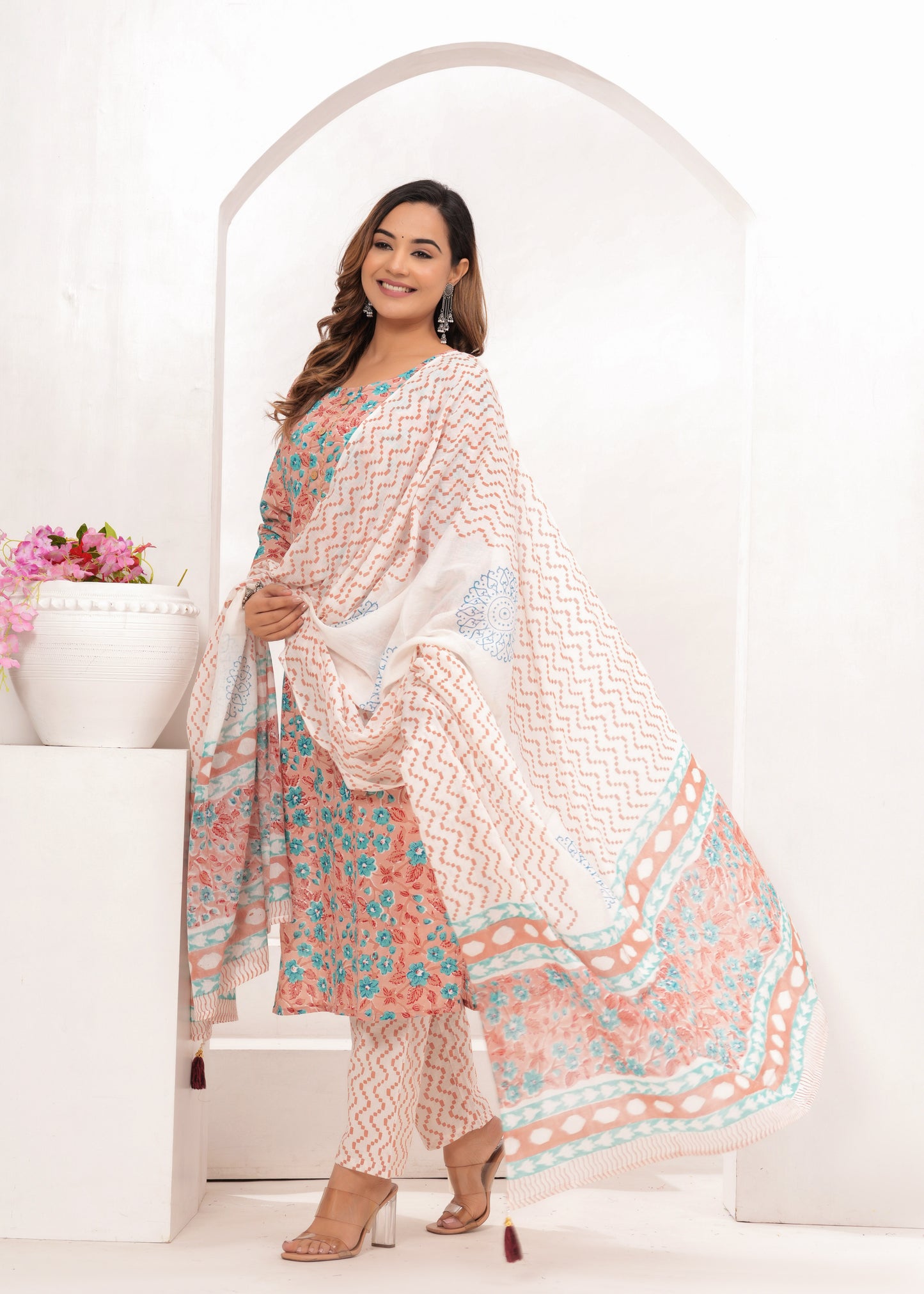 Pink Butti Hand Block Printed Cotton Suit Set