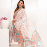 Peach - Frozi Floral Jaal Hand Block Printed Cotton Suit Set