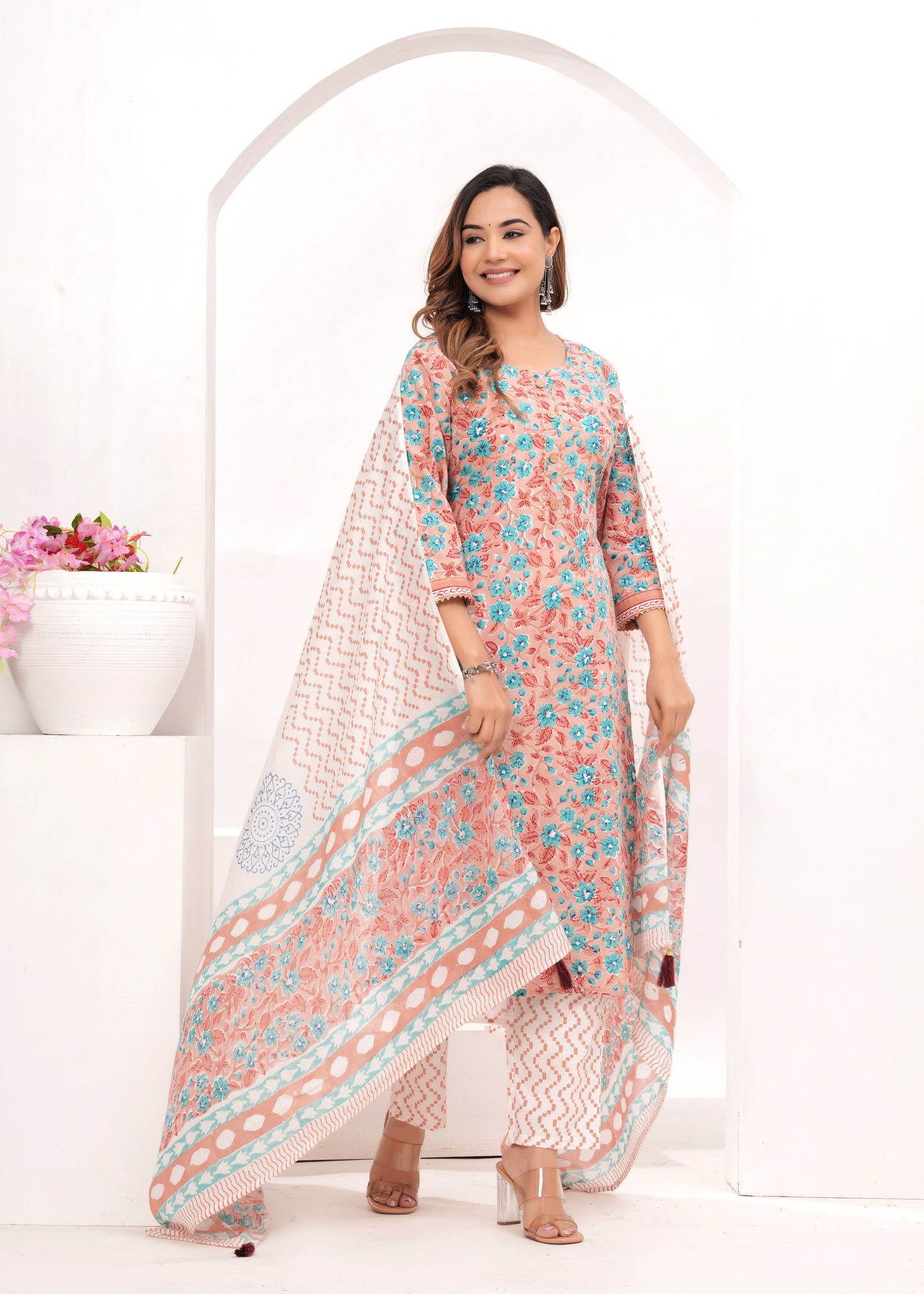 Pink Butti Hand Block Printed Cotton Suit Set