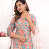 Peach - Frozi Floral Jaal Hand Block Printed Cotton Suit Set