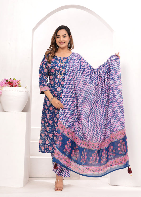 Royal Blue Hand Block Printed Cotton Suit Set