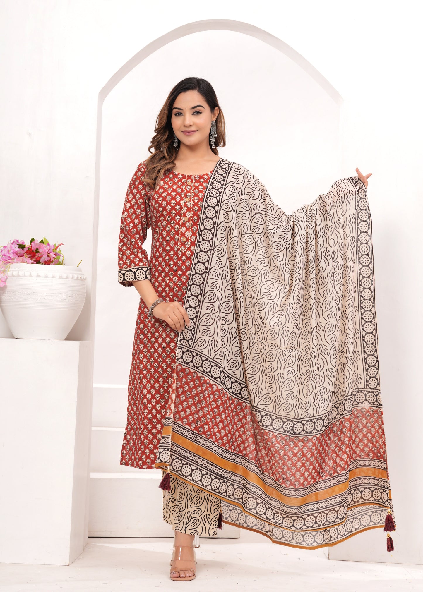 Red Bagru Hand Block Printed Suit Set