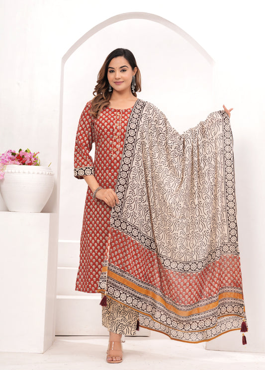 Red Bagru Hand Block Printed Suit Set