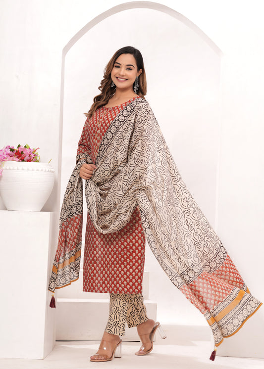 Red Bagru Hand Block Printed Suit Set