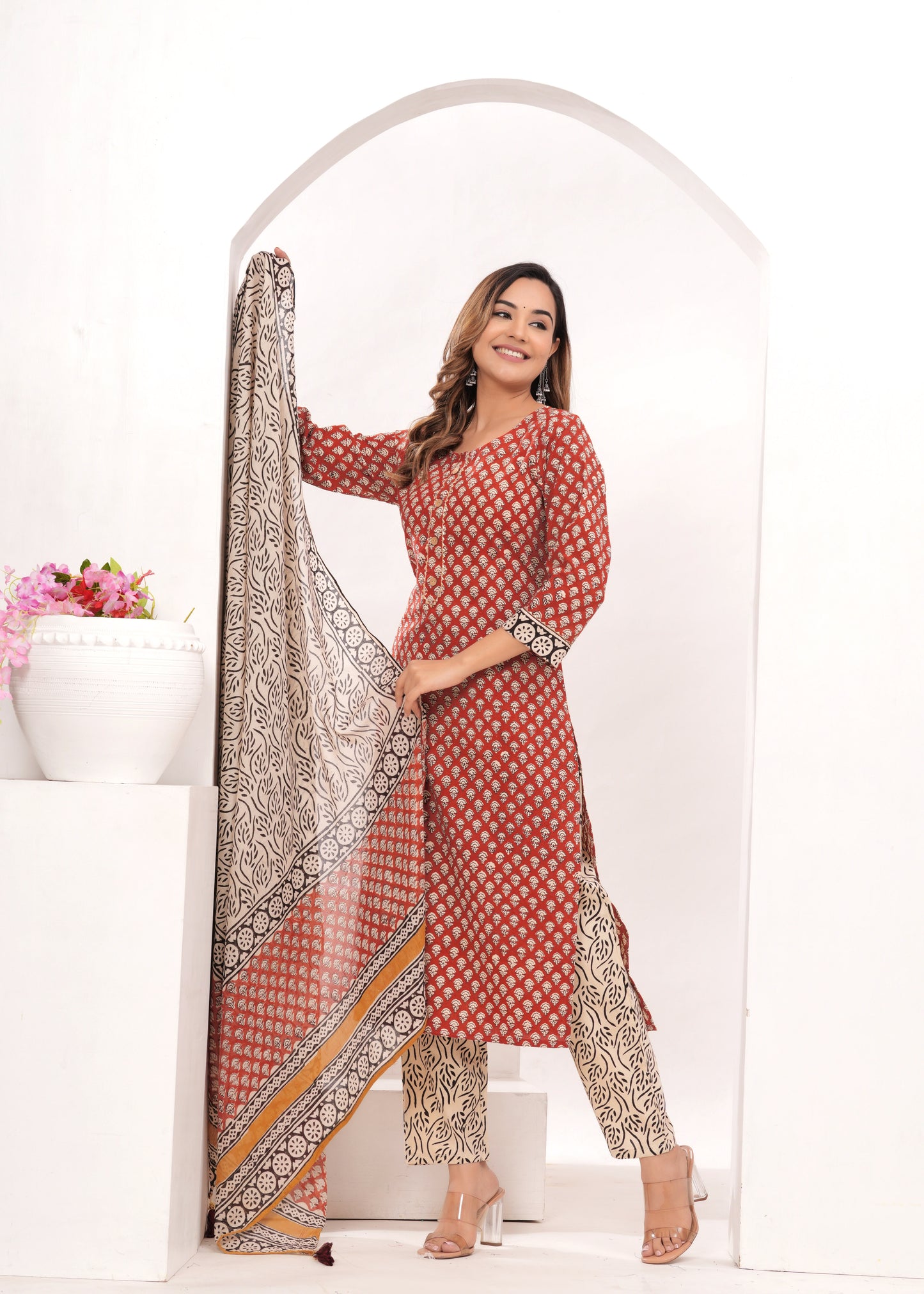Red Bagru Hand Block Printed Suit Set