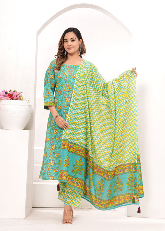 Sea Green Jaipuri Printed Cotton Suit Set