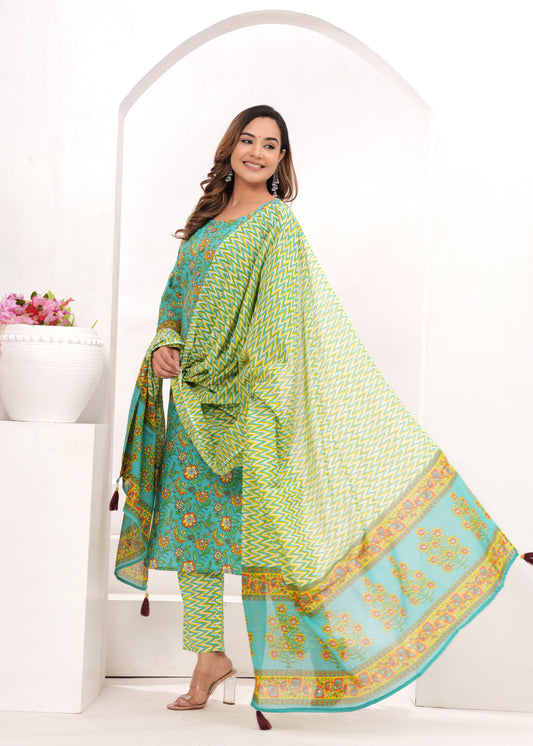 Sea Green Jaipuri Printed Cotton Suit Set