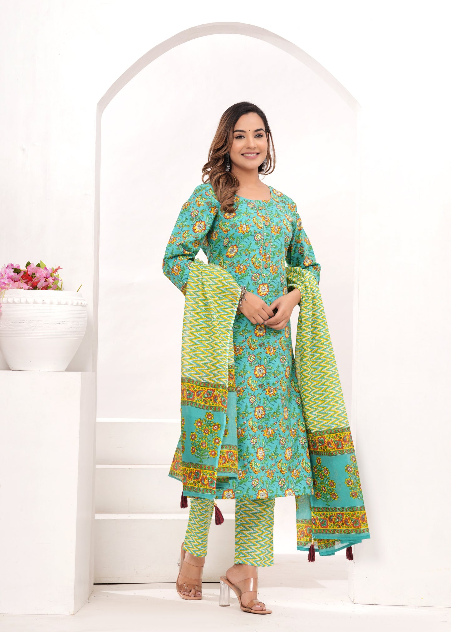 Sea Green Jaipuri Printed Cotton Suit Set