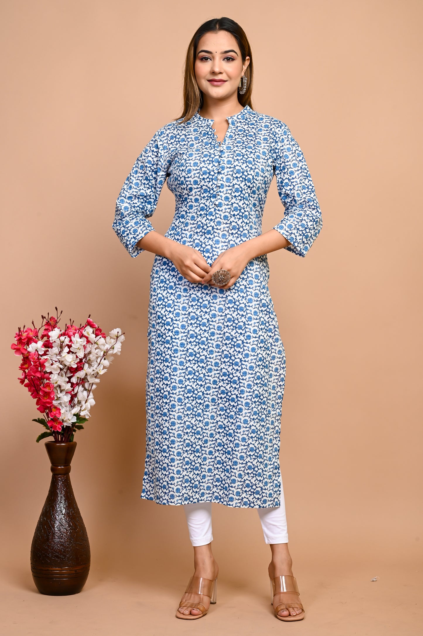Jaipuri Day Sky Blue Jaal Print 100% Cotton Straight Kurti
