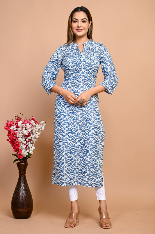 Jaipuri Day Sky Blue Jaal Print 100% Cotton Straight Kurti