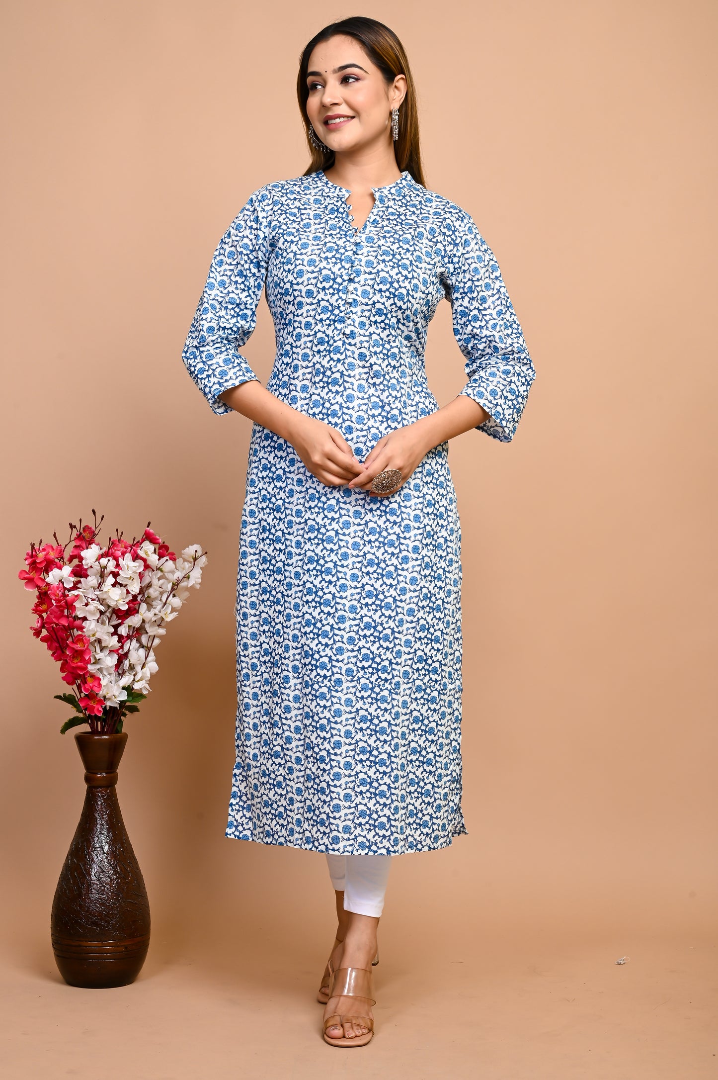 Jaipuri Day Sky Blue Jaal Print 100% Cotton Straight Kurti