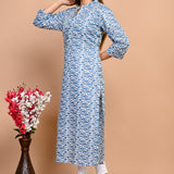 Jaipuri Day Sky Blue Jaal Print 100% Cotton Straight Kurti