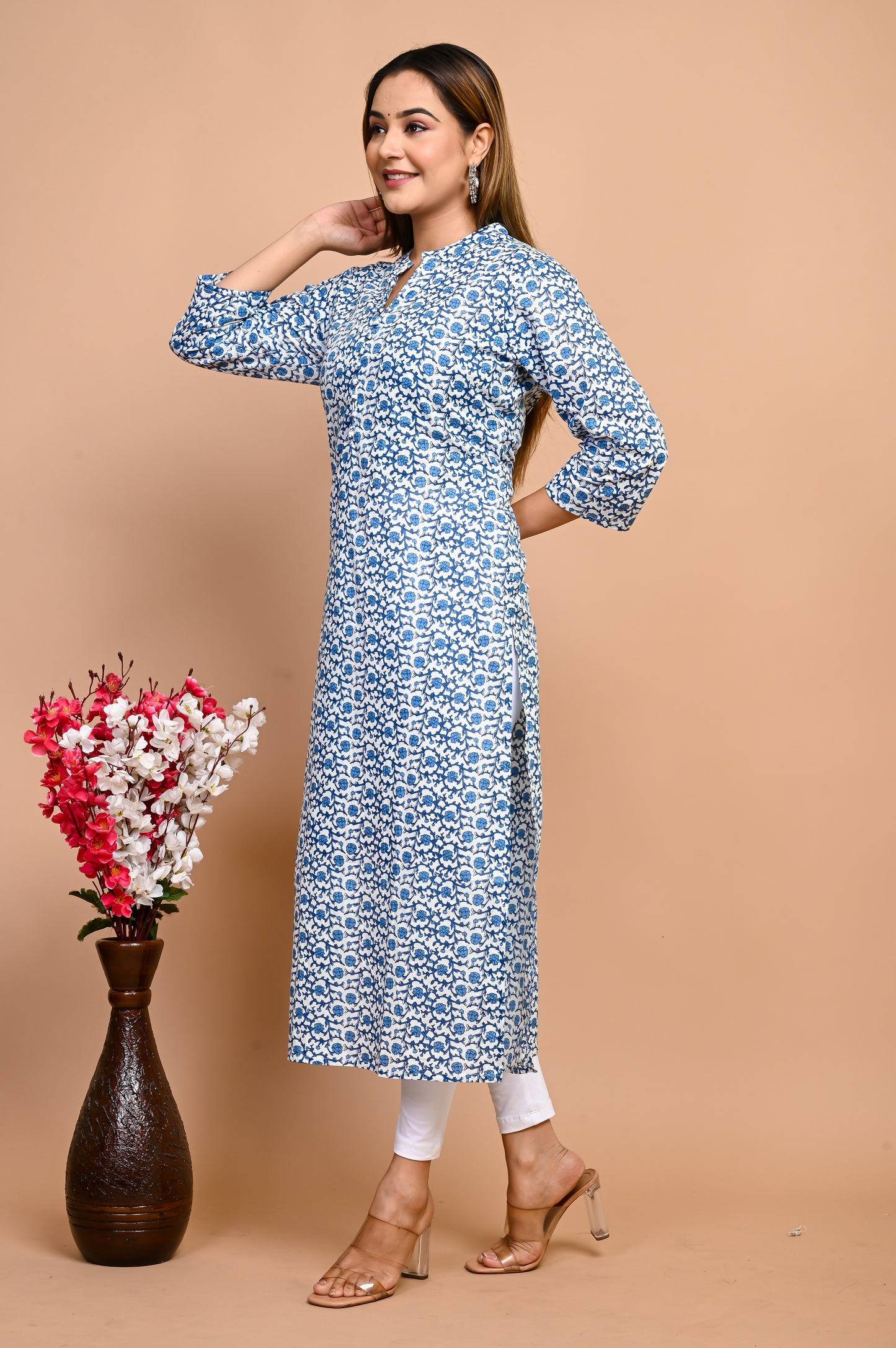 Jaipuri Day Sky Blue Jaal Print 100% Cotton Straight Kurti
