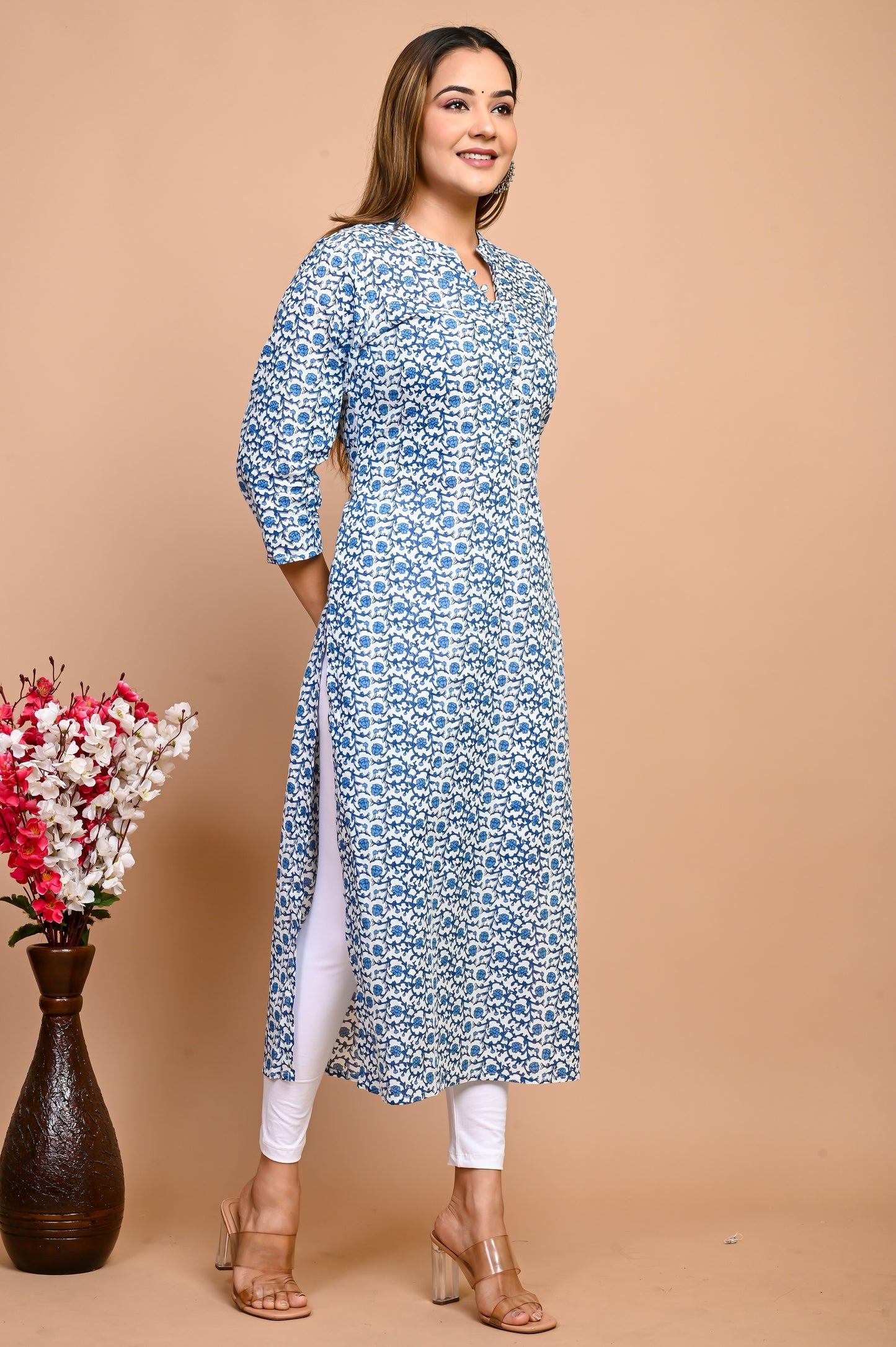Jaipuri Day Sky Blue Jaal Print 100% Cotton Straight Kurti