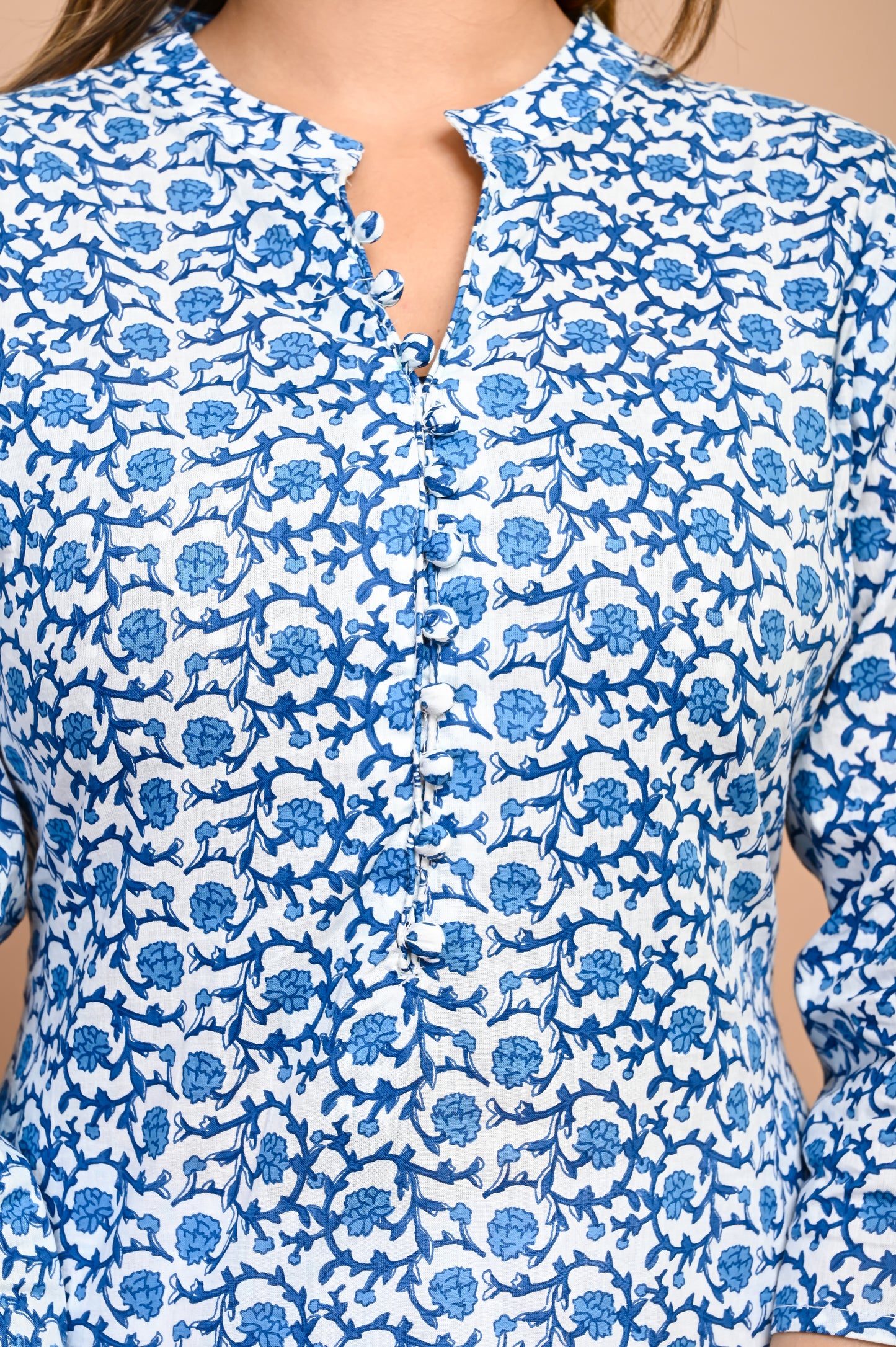 Jaipuri Day Sky Blue Jaal Print 100% Cotton Straight Kurti