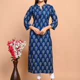 Jaipuri Deep Sea Blue Buti Print 100% Cotton Straight Kurti