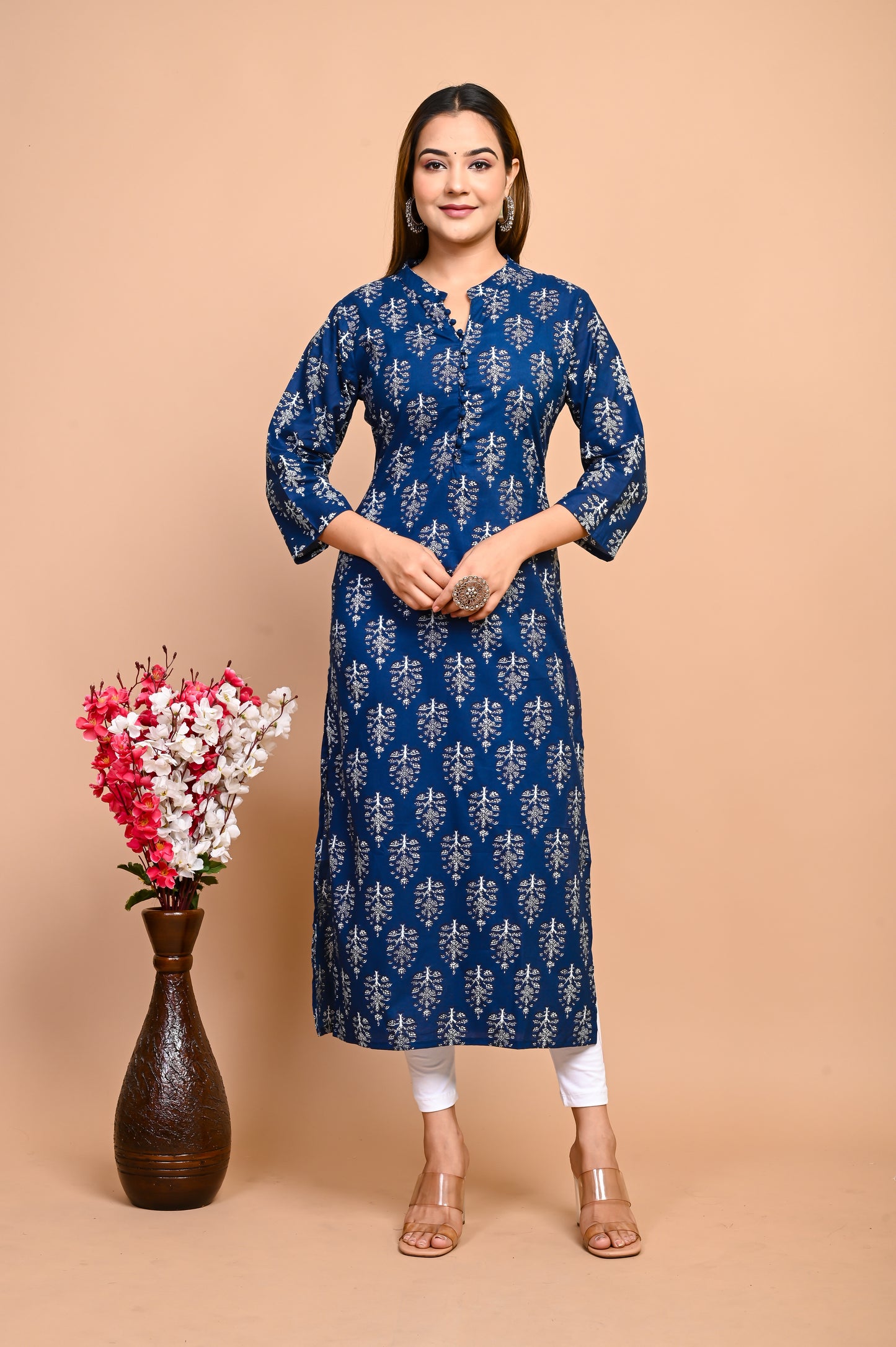 Jaipuri Deep Sea Blue Buti Print 100% Cotton Straight Kurti