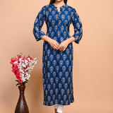 Jaipuri Deep Sea Blue Buti Print 100% Cotton Straight Kurti