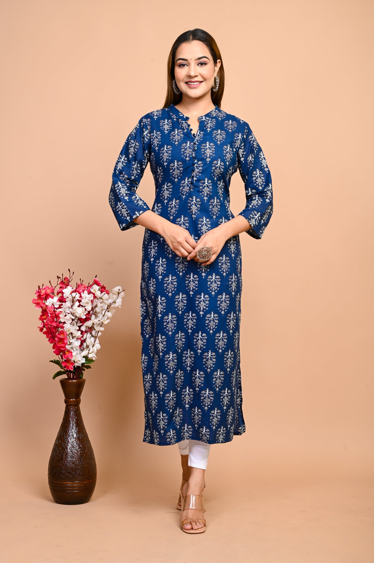 Jaipuri Deep Sea Blue Buti Print 100% Cotton Straight Kurti