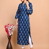 Jaipuri Deep Sea Blue Buti Print 100% Cotton Straight Kurti